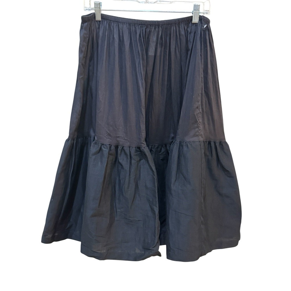 S Max Mara Navy Black Ramie Cotton Tiered Midi Skirt Elastic Waist Size 14 Sheer